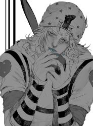  1boy absurdres amarugaronfox beanie blue_eyes blue_lips blue_nails greyscale hat highres hooded_shirt johnny_joestar jojo_no_kimyou_na_bouken lips looking_at_viewer male_focus medium_hair monochrome nose short_hair simple_background solo spot_color star_(symbol) star_print steel_ball_(jojo) steel_ball_run straight-on upper_body white_background 