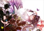  akemi_homura black_hair butterfly flower green_sky hairband lying magical_girl mahou_shoujo_madoka_magica open_mouth purple_eyes solo violet_eyes 