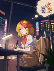  >_< 2girls :d absurdres animal_on_head baby_animal bird bird_on_head bird_tail bird_wings blonde_hair blue_vest blush chick chinese_commentary closed_mouth commentary_request contemporary crossed_bandaids desk_lamp drawing_tablet dress feathered_wings green_hair head_bump highres holding holding_stylus imagining indoors lamp multicolored_hair multiple_girls night niwatari_kutaka on_head open_mouth orange_dress orange_wings plant potted_plant puffy_short_sleeves puffy_sleeves red_eyes red_hair rod_of_remorse shiki_eiki shirt short_sleeves sitting smile solo_focus speech_bubble squatting stylus tail thought_bubble toorooo touhou two-tone_hair vest white_shirt window wings yellow_wings 