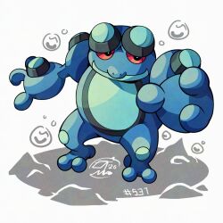  blue_skin bubble colored_sclera colored_skin furry looking_at_viewer mistray-art pokedex_number pokemon pokemon_(creature) red_sclera seismitoad signature simple_background solo toad_(animal) white_background 