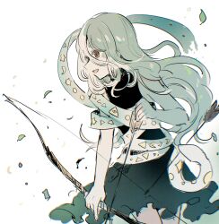 1girl arrow_(projectile) black_dress bow_(weapon) commentary_request dress falling_leaves gradient_clothes gradient_dress grey_hair hair_between_eyes highres holding holding_arrow holding_bow_(weapon) holding_weapon leaf long_hair long_hair_between_eyes mozukuzu_(manukedori) open_mouth red_eyes ribbon_around_body simple_background sleeveless sleeveless_dress smile snake solo touhou turtleneck turtleneck_dress very_long_hair weapon white_background white_snake yuiman_asama 