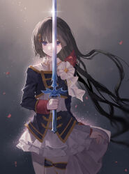  1girl absurdres black_hair blue_shirt blue_skirt collared_shirt commentary_request cowboy_shot frilled_skirt frills glint gold_trim grey_background hair_ornament highres holding holding_sword holding_weapon idol_clothes layered_shirt layered_skirt light_particles long_hair long_sleeves looking_at_viewer medium_hair miniskirt nijisanji nijisanji_idol_uniform parted_lips ruriyu shirt skirt sleeve_cuffs solo straight-on sword sword_in_front_of_face thigh_strap tsukino_mito very_long_hair violet_eyes virtual_youtuber weapon white_shirt white_skirt 