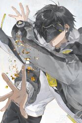  1boy arknights arknights:_endfield arms_up black_hair black_jacket black_mask black_pants closed_mouth cowboy_shot crossed_arms earphones endministrator_(arknights) english_commentary eye_mask floating_clothes highres jacket long_sleeves male_endministrator_(arknights) male_focus mask open_clothes open_jacket pants short_hair simple_background solo standing sweater triangle_print turtleneck turtleneck_sweater white_background white_sweater you_yeyou0904 
