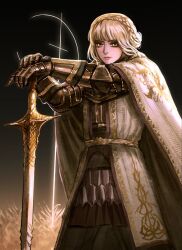  1girl armor armor_under_clothes black_sky blonde_hair blunt_bangs braid cloak closed_mouth commentary crown_braid elden_ring elden_ring:_shadow_of_the_erdtree full_armor gauntlets golden_cross_(elden_ring) highres knight looking_at_viewer needle_knight_leda ornate ornate_armor outdoors planted planted_sword rashuu sidelocks signature sky solo standing sword tunic weapon wheat_field white_cloak white_tunic yellow_eyes 