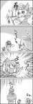  4koma arrow bow bow_(weapon) cirno comic daiyousei failure hair_bow hat highres letty_whiterock lily_white monochrome multiple_girls o_o open_mouth scarf side_ponytail tani_takeshi touhou translation_request weapon wings yukkuri_shiteitte_ne 