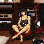  brown_eyes cat eeotoko flower_pot guitar highres instrument k-on! long_hair nakano_azusa pillow realistic record signature sitting sound_system twintails vinyl_records 