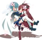  bare_shoulders black_legwear black_thighhighs blue_eyes blue_hair boots cape carrying fang funmatu gloves hair_ornament long_hair magical_girl mahou_shoujo_madoka_magica miki_sayaka multiple_girls petals ponytail princess_carry red_eyes red_hair redhead sakura_kyouko short_hair tears thigh-highs thighhighs white_gloves white_legwear white_thighhighs yuri 