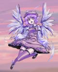  :d animal_ears dress feathers flying hat kumadano long_sleeves mystia_lorelei nail_polish open_mouth pink_eyes pink_hair short_hair sky smile solo thigh-highs thighhighs touhou winged_shoes wings 