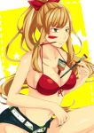  between_breasts blonde_hair breasts cleavage front-tie_top green_eyes highres large_breasts long_hair navel oekaki_musume open_fly original paint_stains paintbrush ponytail short_shorts shorts solo tomann unzipped 