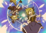  alice_margatroid alice_margatroid_(pc-98) blonde_hair blue_dress book broom broom_riding brown_dress danmaku dress grimoire hair_ribbon hat hiseki_(tknkkm) kirisame_marisa kirisame_marisa_(pc-98) magic_circle multiple_girls mystic_square ribbon touhou touhou_(pc-98) upside-down witch witch_hat yellow_eyes 