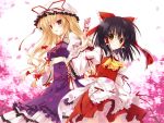  adapted_costume asaba_yuu ascot black_hair blonde_hair cherry_blossoms frilled_sleeves frills hakurei_reimu long_sleeves lowres multiple_girls ofuda touhou yakumo_yukari 