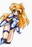  armor blonde_hair blue_eyes boots choker elbow_gloves ginga_ojou-sama_densetsu_yuna gloves greaves headphones kagurazaka_yuna leg_garter long_hair mecha_musume okuri_ookami pauldron payot ponytail smile solo 