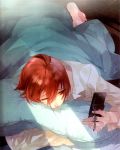  ahoge barefoot bed bed_sheet brown_eyes cellphone light lips phone red_hair solo starry_sky_(game) tomoe_you wince 
