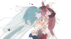  bare_shoulders blue_hair blush bridal_veil cape flower funmatu hair_ornament kiss long_hair magical_girl mahou_shoujo_madoka_magica miki_sayaka multiple_girls ponytail red_eyes red_hair redhead sakura_kyouko short_hair veil wedding yuri 