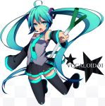  +_+ ahoge aqua_eyes aqua_hair detached_sleeves hatsune_miku headset jumping long_hair necktie skirt solo spring_onion thigh-highs thighhighs twintails very_long_hair vocaloid zettai_ryouiki 