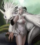  beak bird_legs breasts cleavage creature elbow_gloves gloves grey_beak horns inuzuka_bouru lips nose pixiv_fantasia pixiv_fantasia_5 short_hair tail wading water white_hair wings 