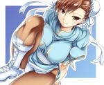  boots breasts brown_eyes brown_hair brown_pantyhose bun_cover capcom china_dress chinese_clothes chun-li double_bun knee_boots large_breasts leg_up legs mushi024 panties pantyhose short_hair smile solo street_fighter thick_thighs thighs underwear 