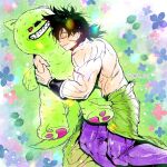  1boy black_hair bracer broly_(dragon_ball_super) character_request dragon_ball dragon_ball_super dragon_ball_super_broly feet_out_of_frame floral_background hug lying male_focus medium_hair muscular muscular_male on_side pants scar scar_on_cheek scar_on_face shirtless skin_tight sleeping smile solo spiky_hair stuffed_animal stuffed_toy tarutobi tight tight_pants 