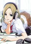  blonde_hair chin_rest copyright_request green_eyes headphones ino lips long_hair looking_at_viewer lying necktie school_uniform short_sleeves skirt smile solo twintails 