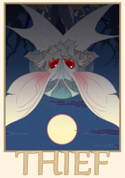  1boy bare_tree bat_boy commentary crossed_arms full_moon heismay_(metaphor:_refantazio) highres looking_at_viewer male_focus metaphor:_refantazio moon night outdoors red_eyes sky solo tree upside-down wings you92 