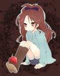  apple arm_support boots food foot_hold fruit hoodie kneehighs long_hair mahou_shoujo_madoka_magica mouth_hold pocky ponytail pylorichoco red_eyes red_hair redhead sakura_kyouko short_hair sitting solo 