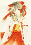  ascot bare_shoulders black_hair bow branch detached_sleeves face flower hair_bow hair_tubes hakurei_reimu miko payot smile solo sugi touhou traditional_media watercolor_(medium) 