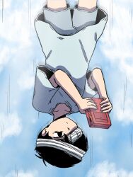  1boy bad_end bandaged_head bandages black_eyes black_hair blue_sky clouds commentary english_commentary eyepatch falling handheld_game_console highres holding holding_handheld_game_console hospital_gown motion_lines nrdeluxe omori playing_games playing_video_games short_hair shorts sky solo spoilers sunny_(omori) upside-down 
