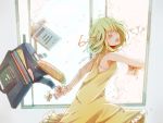  bag bare_shoulders blush cellphone cherry_blossoms closed_eyes eyes_closed glasses green_hair gumi letter love_letter open_mouth petals phone running school_bag short_hair solo tears vocaloid window zuoweisaib 