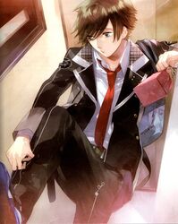  bag belt brown_eyes brown_hair buckle expressionless necktie satchel shirt shoes sneakers solo starry_sky_(game) tohzuki_suzuya touzuki_suzuya uniform 