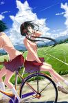  absurdres bicycle black_hair closed_eyes cloud clouds condensation_trail contrail dutch_angle eyes_closed field headphones highres hill long_hair multiple_girls original phantania power_lines riding school_uniform skirt sky twintails 