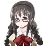  akemi_homura alternate_hairstyle bad_id black_hair braid glasses hairband hal360 long_hair mahou_shoujo_madoka_magica purple_eyes red-framed_glasses solo spoilers twin_braids violet_eyes 