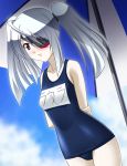  dutch_angle eyepatch infinite_stratos kouun laura_bodewig long_hair name_tag pale_skin red_eyes school_swimsuit silver_hair swimsuit translated twintails 
