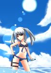 eyepatch highres infinite_stratos laura_bodewig lens_flare long_hair red_eyes silver_hair submerged sun thigh_strap topzter twintails 