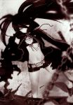  absurdres black_hair black_rock_shooter black_rock_shooter_(character) chains front-tie_top highres huke katana long_hair monochrome scar short_shorts shorts solo sword twintails weapon white_eyes 