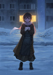  1girl absurdres apartment apron asya_shubina black_apron black_boots boots brown_coat brown_dress brown_eyes brown_hair coat commentary dress full_body highres mittens outdoors own_hands_together scarf short_hair snow snowing solo standing untranslatable_commentary white_mittens white_scarf window_light xiaomai_yorik yellow_pupils z.a.t.o._//_i_love_the_world_and_everything_in_it 
