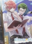  2boys aozora_hayato book engrish glasses green_eyes green_hair multiple_boys ranguage red_eyes red_hair school_uniform starry_sky_(game) watch 