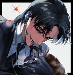  1boy absurdres black_eyes black_hair black_jacket black_necktie collared_shirt commentary_request earrings face_piercing fur_cuffs half-closed_eyes highres jacket jewelry lip_piercing male_focus mukashi95 necklace necktie original parted_bangs piercing portrait ring shirt short_hair silver_necklace simple_background smile white_shirt 