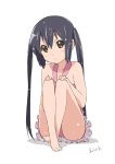  barefoot black_hair brown_eyes casual_one-piece_swimsuit errant face feet halterneck hands_on_knees k-on! long_hair nakano_azusa one-piece_swimsuit payot signature simple_background sitting solo swimsuit twintails 