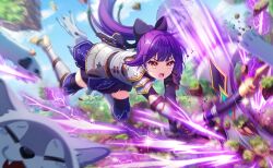  1girl armor armored_boots black_bow boots bow commentary_request day dog game_asset gloves grass hair_bow highres holding holding_weapon laser letterboxed long_hair nekoashi_tsubomi non-web_source official_art open_mouth orange_eyes outdoors ponytail purple_hair self-datamine skirt slashing sword thigh-highs weapon world_dai_star 