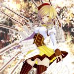  absurdres bad_id beret blonde_hair drill_hair fingerless_gloves gloves gun hair_ornament hat highres looking_at_viewer magical_musket mahou_shoujo_madoka_magica puffy_sleeves rifle settyaro short_hair solo tears thigh-highs thighhighs tomoe_mami twintails weapon yellow_eyes 