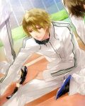  blonde_hair brown_hair dutch_angle expressionless miyaji_ryunosuke official_art shoes sitting sneakers starry_sky_(game) track_suit yellow_eyes 