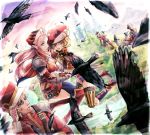  armor bird blonde_hair boots breasts cape cleavage crow fantasy flying hat highres military military_uniform motion_blur nemusuke original thigh-highs thighhighs uniform 