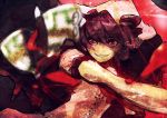  grin hat iketa outstretched_arm purple_hair red_eyes remilia_scarlet short_sleeves slit_pupils smile smirk solo touhou 