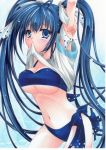  1girl arms_up bad_id bikini blue_eyes blue_hair blush breasts highres imaichi_moenai_ko kobe_shinbun large_breasts long_hair mouth_hold navel side-tie_bikini solo swimsuit t-shirt taut_shirt traditional_media twintails underboob very_long_hair 