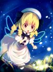  &gt;:o awl bad_id blonde_hair bow child dress drill_hair glowing grass hair_bow hat highres luna_child red_eyes sky solo star_(sky) starry_sky sunny_milk to_aru_awl touhou wings 