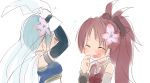  bare_shoulders blue_hair blush bridal_veil cape closed_eyes eyes_closed fang flower funmatu hair_ornament long_hair magical_girl mahou_shoujo_madoka_magica miki_sayaka multiple_girls ponytail red_hair redhead sakura_kyouko short_hair veil wedding yuri 