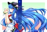  blue_hair blush flower hands_clasped hat hinanawi_tenshi iseno_yajin lily_(flower) long_hair profile red_eyes smile solo touhou very_long_hair 