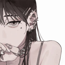  1girl brown_eyes brown_hair covering_own_mouth hair_ornament hairclip highres jewelry long_hair looking_at_viewer nail_polish necklace okogeokogeokoge original piercing ring silver_necklace simple_background sleeveless solo tank_top white_background wispy_bangs 