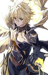  1boy alternate_form antenna_hair asymmetrical_wings blonde_hair blood blood_drip colored_blood commentary cracked_skin h2o_omizu halo halo_behind_head highres honkai:_star_rail honkai_(series) male_focus material_growth phainon_(honkai:_star_rail) phainon_(khaslana)_(honkai:_star_rail) short_hair solo spiky_hair wings yellow_blood 