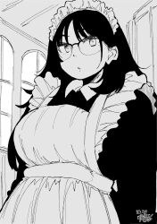  1girl absurdres dated glasses greyscale hadashi_no_kenji highres indoors maid maid_headdress monochrome original plump solo standing 